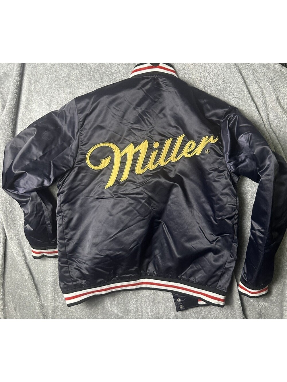 Miller Lite Satin Bomber Jacket Small Navy Beer Logo Quilted Snap Front Coat